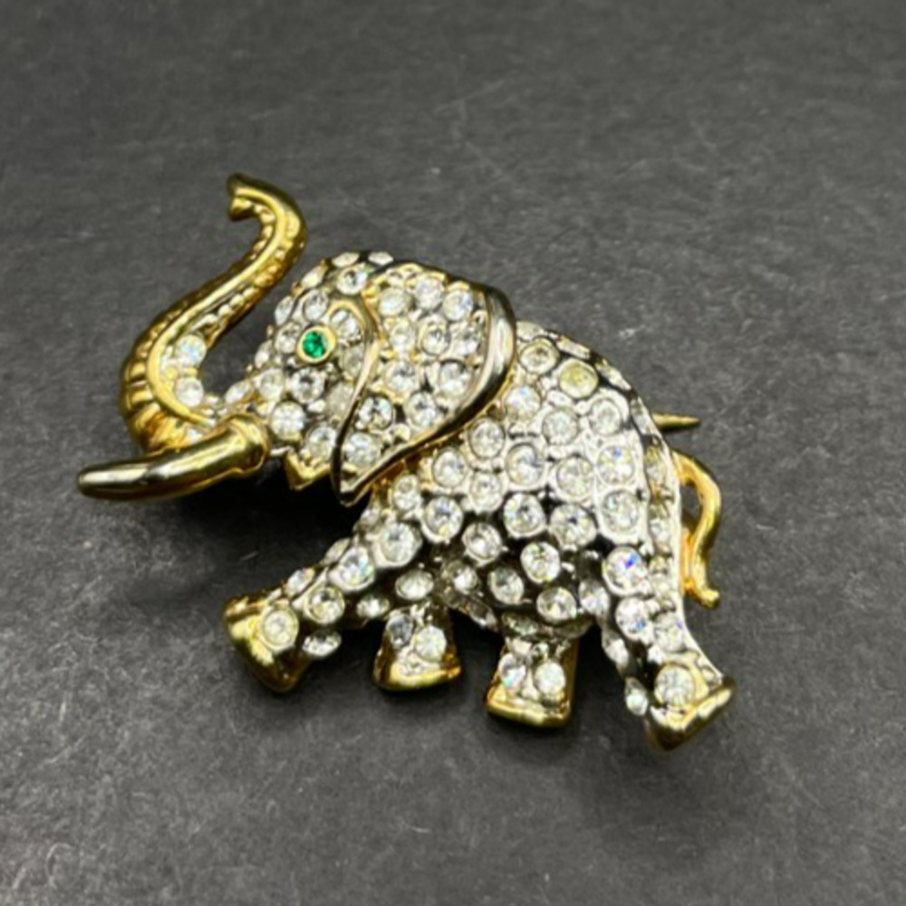 Vintage Gold Tone Rhinestone Elephant Brooch Pin Green Eye Lucky Trunk Up